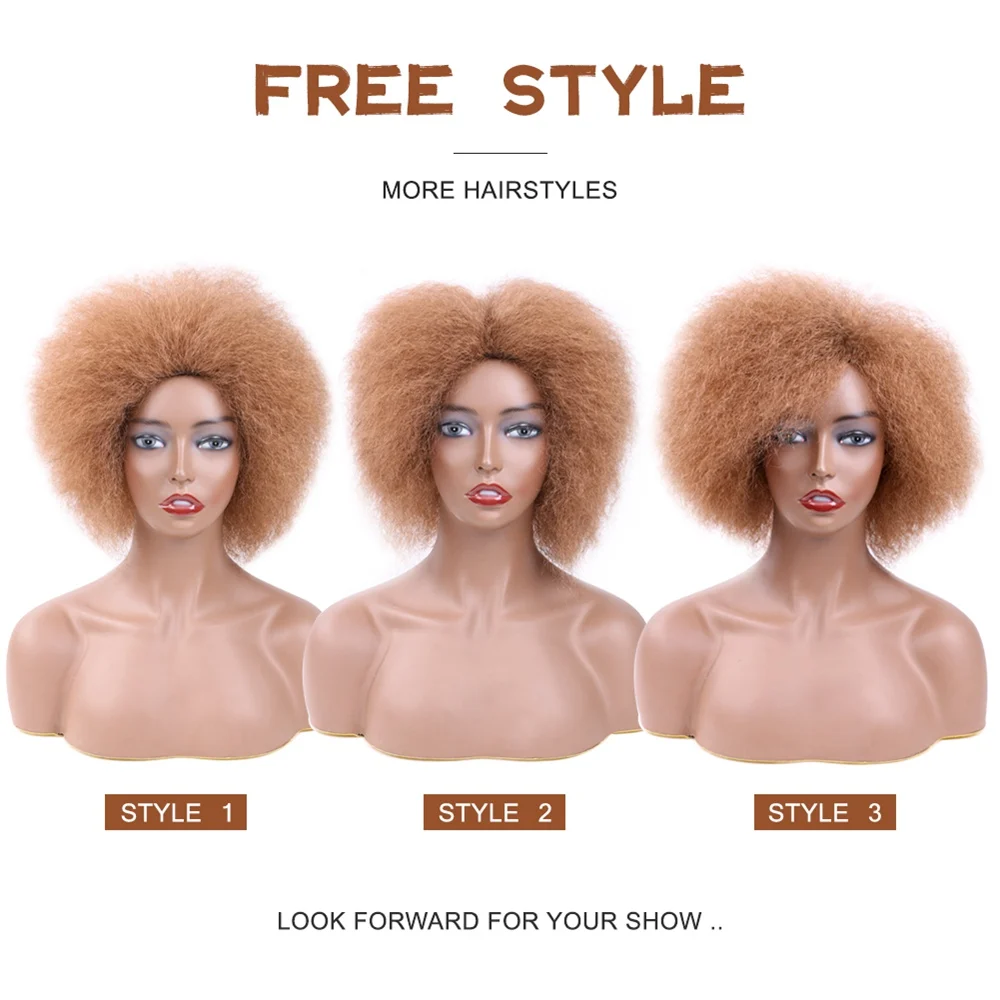 Saisity Trumpi plaukai Afro Kinky Garbanoti perukai su kirpčiukais juodaodėms moterims Afrikos sintetiniai omber klijai be klijų, Cosplay perukai atsparūs karščiui Nuotrauka 4