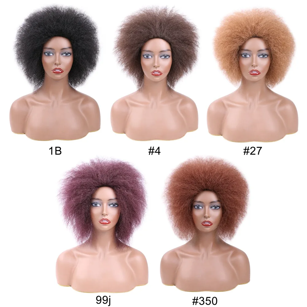 Saisity Trumpi plaukai Afro Kinky Garbanoti perukai su kirpčiukais juodaodėms moterims Afrikos sintetiniai omber klijai be klijų, Cosplay perukai atsparūs karščiui Nuotrauka 5