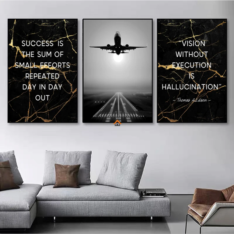 Modernus juodas auksas Marmuras Įkvepiančios citatos Lėktuvo motociklo plakatas Dekoratyviniai paveikslai Drobė Sienų menas Paveikslų kambario dekoras Nuotrauka 0