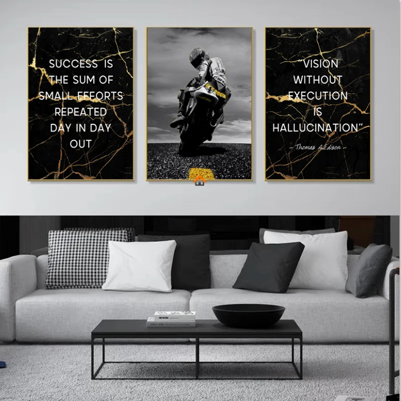 Modernus juodas auksas Marmuras Įkvepiančios citatos Lėktuvo motociklo plakatas Dekoratyviniai paveikslai Drobė Sienų menas Paveikslų kambario dekoras Nuotrauka 1