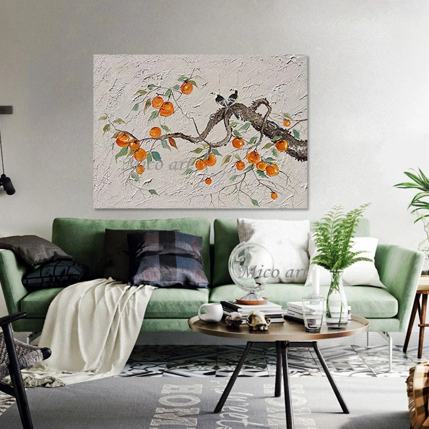Abstraktus peizažas Paveikslas Berėmis paukštis Šiuolaikiniai paveikslai Persimonas Medis Impresionistas Natiurmortas Drobė Dailė Sienų dekoratyvinis Nuotrauka 2