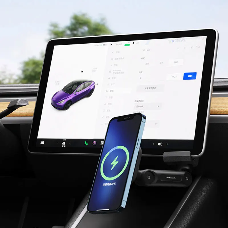 Mobiliojo telefono laikiklio prailginimo svirtis Tesla Model 3 Y belaidis 15W automobilinis belaidis įkroviklis Nuotrauka 2