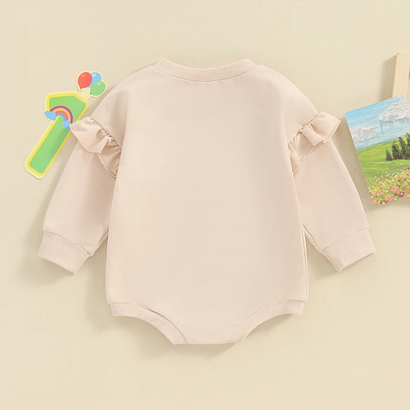 Baby Girl ilgomis rankovėmis Romper Apvalus kaklas Laiškų siuvinėjimas Kombinezonas Pirmojo gimtadienio apranga Kūdikių mažylio pavasario drabužiai Nuotrauka 3