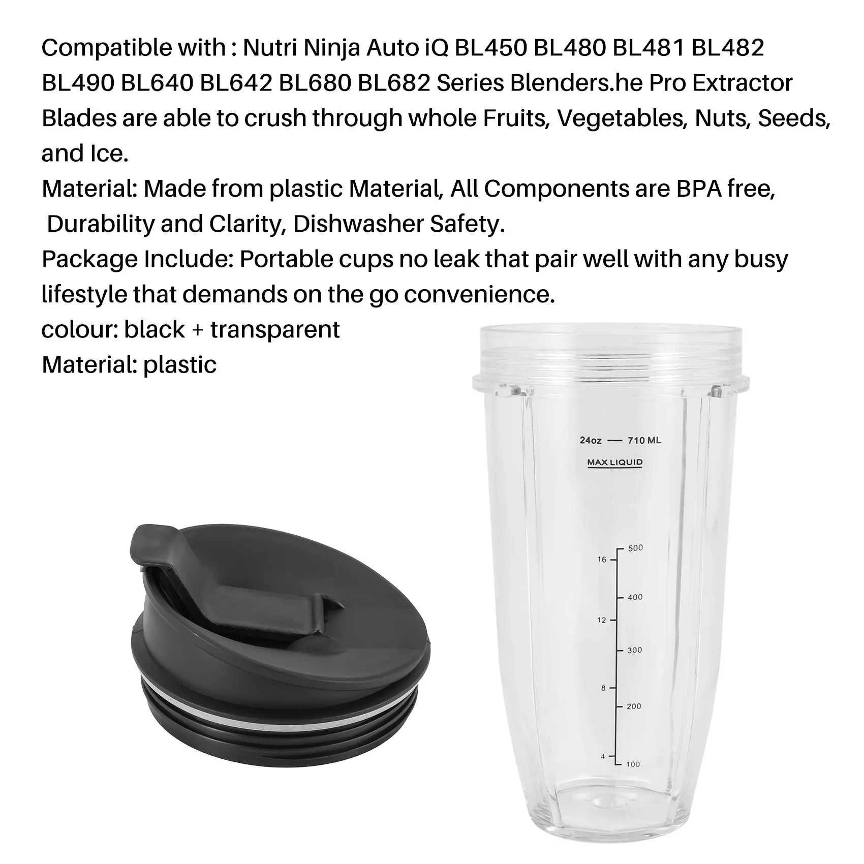 2 Pakuotės pakeitimas 24Oz puodelis su snapelio dangčiu Nutri Ninja Auto IQ serijos maišytuvams su BL450/BL454/BL456/BL480/BL481 Nuotrauka 3