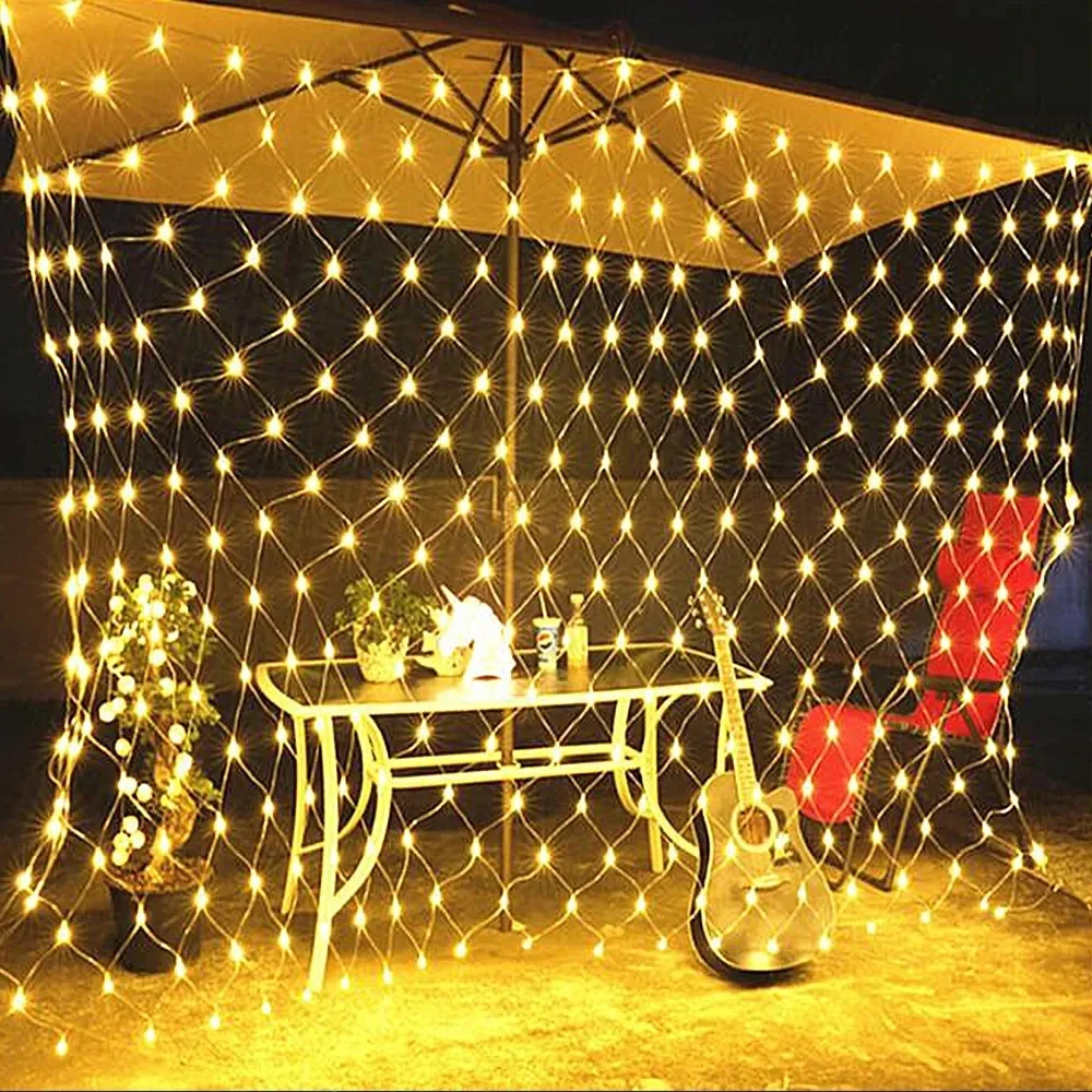 3x2m LED saulės stygų tinklo tinklinė lemputė 8 režimai Vandeniui atspari lauko girliandos lempa Kalėdų vakarėliui Terasos kiemo sodo dekoras Nuotrauka 2