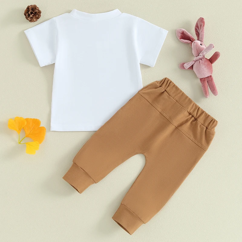 Mažylio berniuko Velykų apranga Trumpomis rankovėmis zuikio marškinėliai ir laisvalaikio kelnės 2 dalių vasaros drabužių komplektas Nuotrauka 3