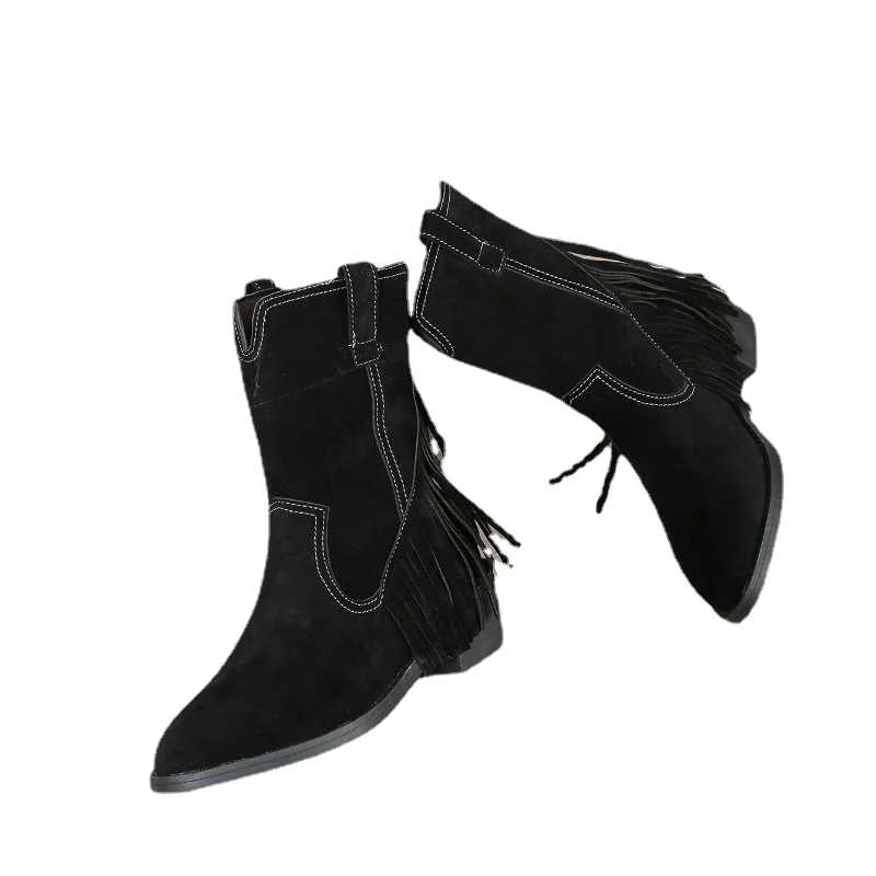 Cow Suede Mid-Calf Modern Boots 2023 Prekės ženklo kvadratinių kulnų batai moterims Žieminiai smailūs kojų pirštai Mid Heel siuvimo moteriški batai Nuotrauka 5