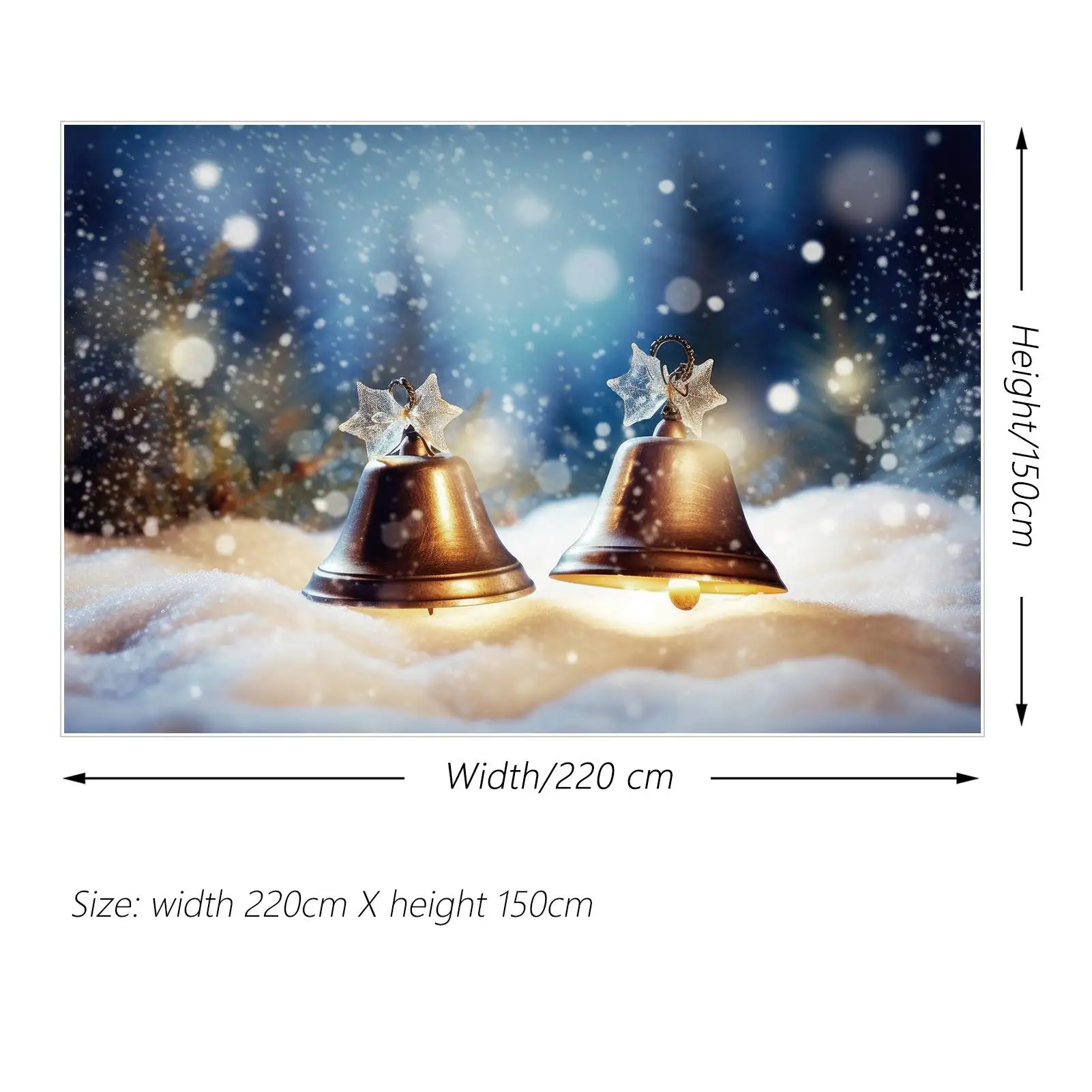 MĖNULIS. QG fotografija Fonas Kalėdų dekoras Auksiniai varpai Snaigė Mėlynos pušys Šviesos taškas 