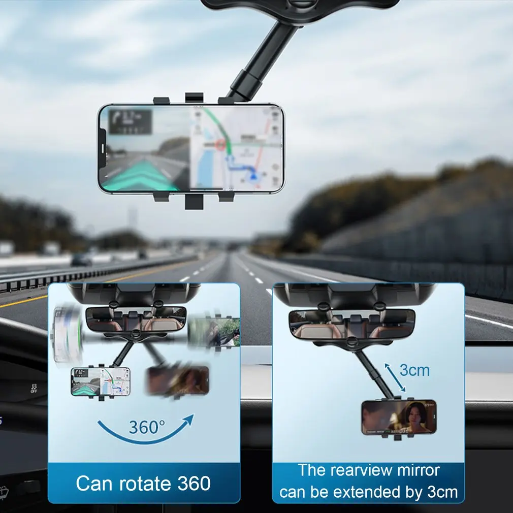 Universalus 360° rotuojamas ištraukiamas automobilio galinio vaizdo veidrodžio laikiklis stovo laikiklis Mobiliojo telefono lopšys GPS galinio vaizdo veidrodžio laikiklis Nuotrauka 0