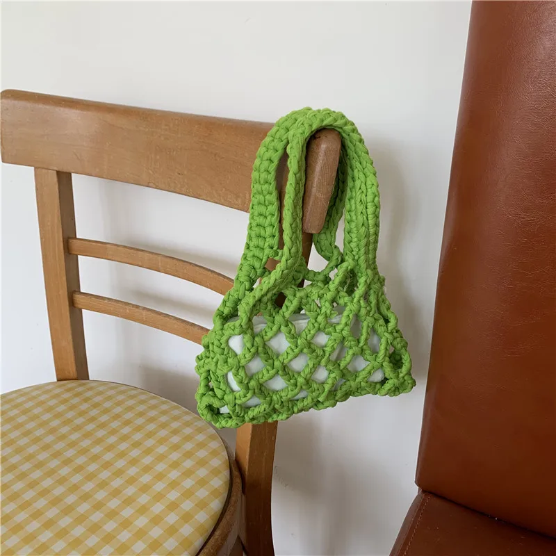 Moterų tuščiaviduris mažas kibiras krepšio dizainas Medvilninė lininė virvė Austa rankinė Vasaros tinklelis Bohemijos kelionių paplūdimio krepšys Sac A Main Nuotrauka 0