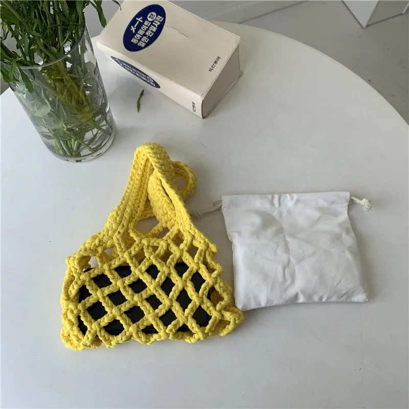 Moterų tuščiaviduris mažas kibiras krepšio dizainas Medvilninė lininė virvė Austa rankinė Vasaros tinklelis Bohemijos kelionių paplūdimio krepšys Sac A Main Nuotrauka 1