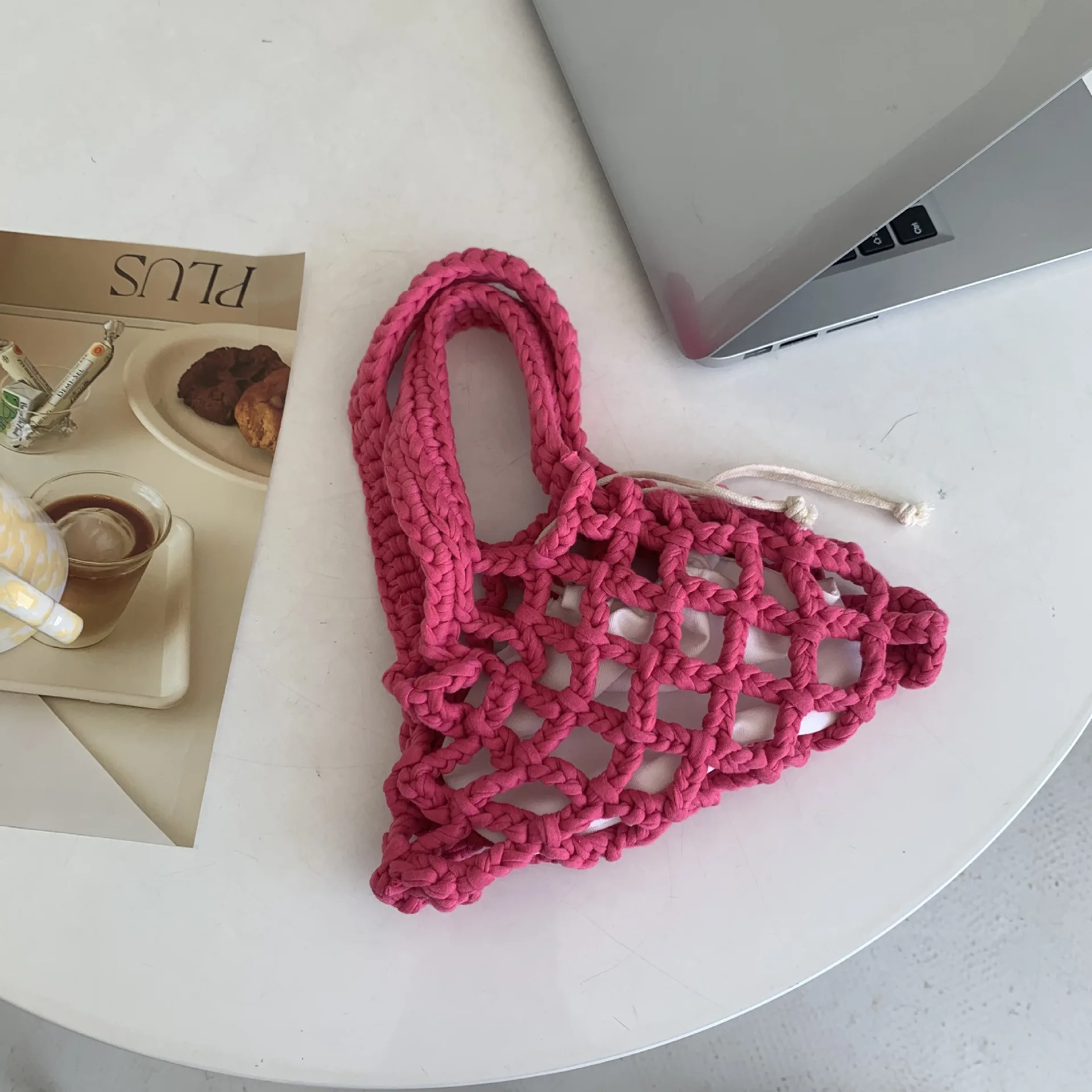 Moterų tuščiaviduris mažas kibiras krepšio dizainas Medvilninė lininė virvė Austa rankinė Vasaros tinklelis Bohemijos kelionių paplūdimio krepšys Sac A Main Nuotrauka 2