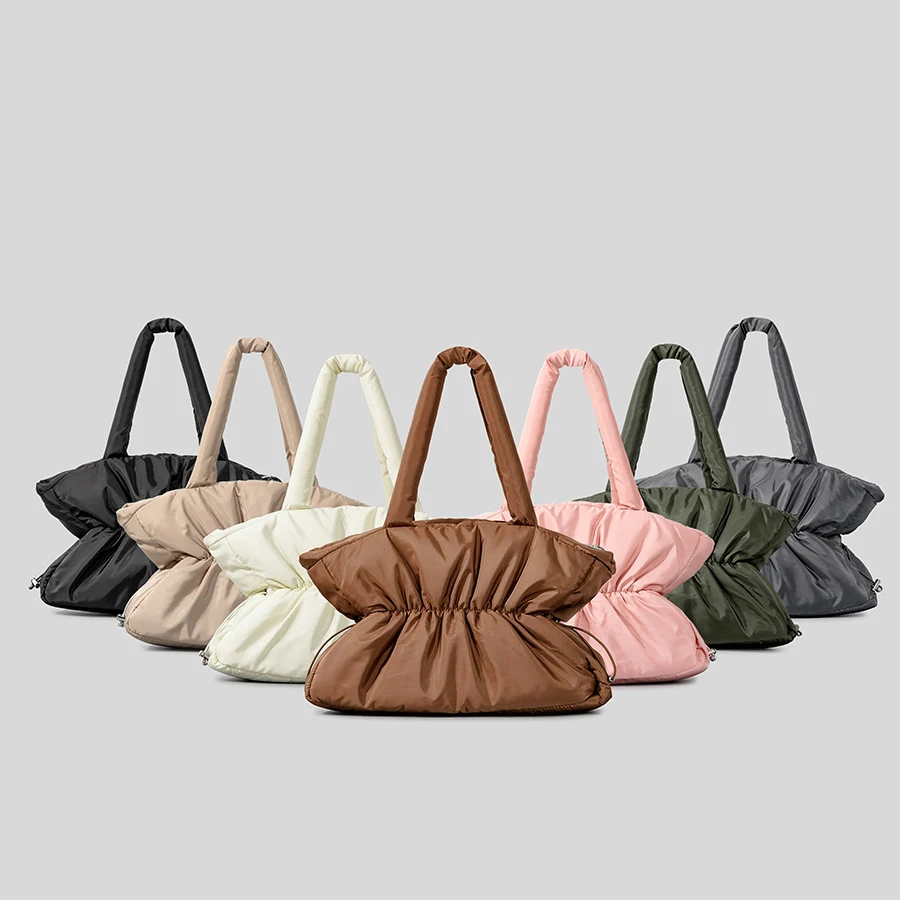Fashion Drawsting Soft Puffer Bag Designer Quilted Women Shoulder Bags Nylon Down Cotton Tote Bag Simple Lady Handbags 2023 Nuotrauka 3
