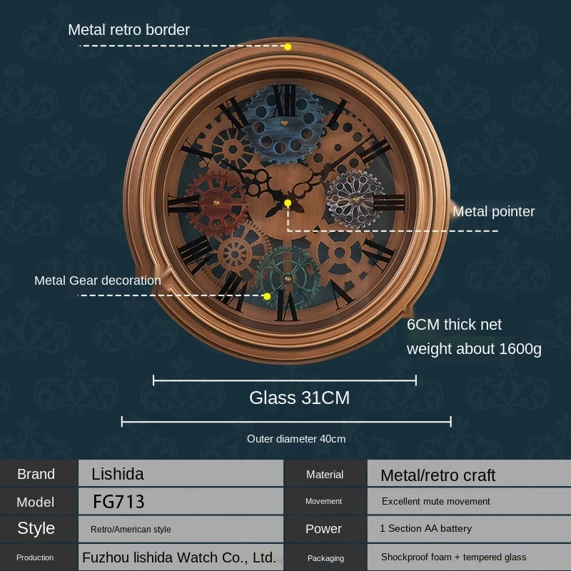 American Retro Gear Sieninis laikrodis Didelis modernus tylus sieninis laikrodis Namų dekoras Kūrybinis metalinis sieninis laikrodis Svetainės dekoravimas Nuotrauka 2