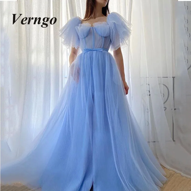 Verngo elegantiškos šviesios dangaus mėlynos prom suknelės pūkuotos rankovės suglamžytos tiulio ilgos oficialios vakarinės suknelės 2020 Vestido de 15 Quinceanera Nuotrauka 0