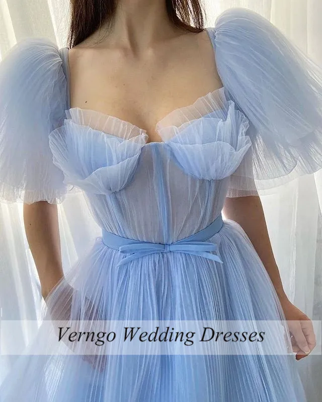 Verngo elegantiškos šviesios dangaus mėlynos prom suknelės pūkuotos rankovės suglamžytos tiulio ilgos oficialios vakarinės suknelės 2020 Vestido de 15 Quinceanera Nuotrauka 1