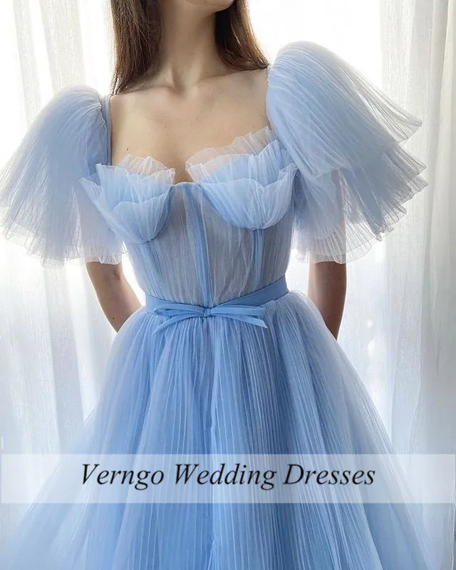Verngo elegantiškos šviesios dangaus mėlynos prom suknelės pūkuotos rankovės suglamžytos tiulio ilgos oficialios vakarinės suknelės 2020 Vestido de 15 Quinceanera Nuotrauka 2