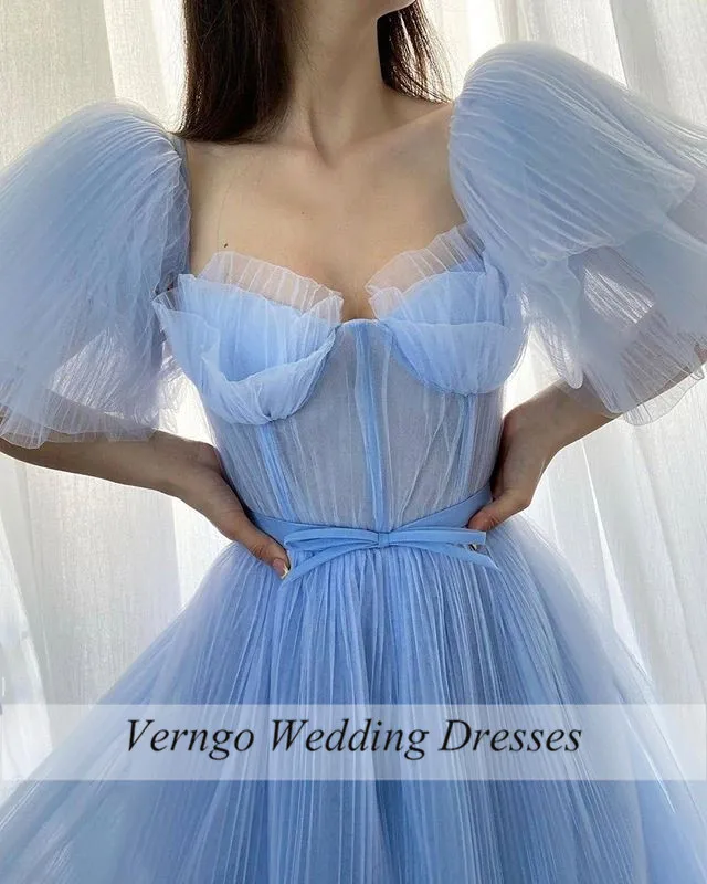 Verngo elegantiškos šviesios dangaus mėlynos prom suknelės pūkuotos rankovės suglamžytos tiulio ilgos oficialios vakarinės suknelės 2020 Vestido de 15 Quinceanera Nuotrauka 3