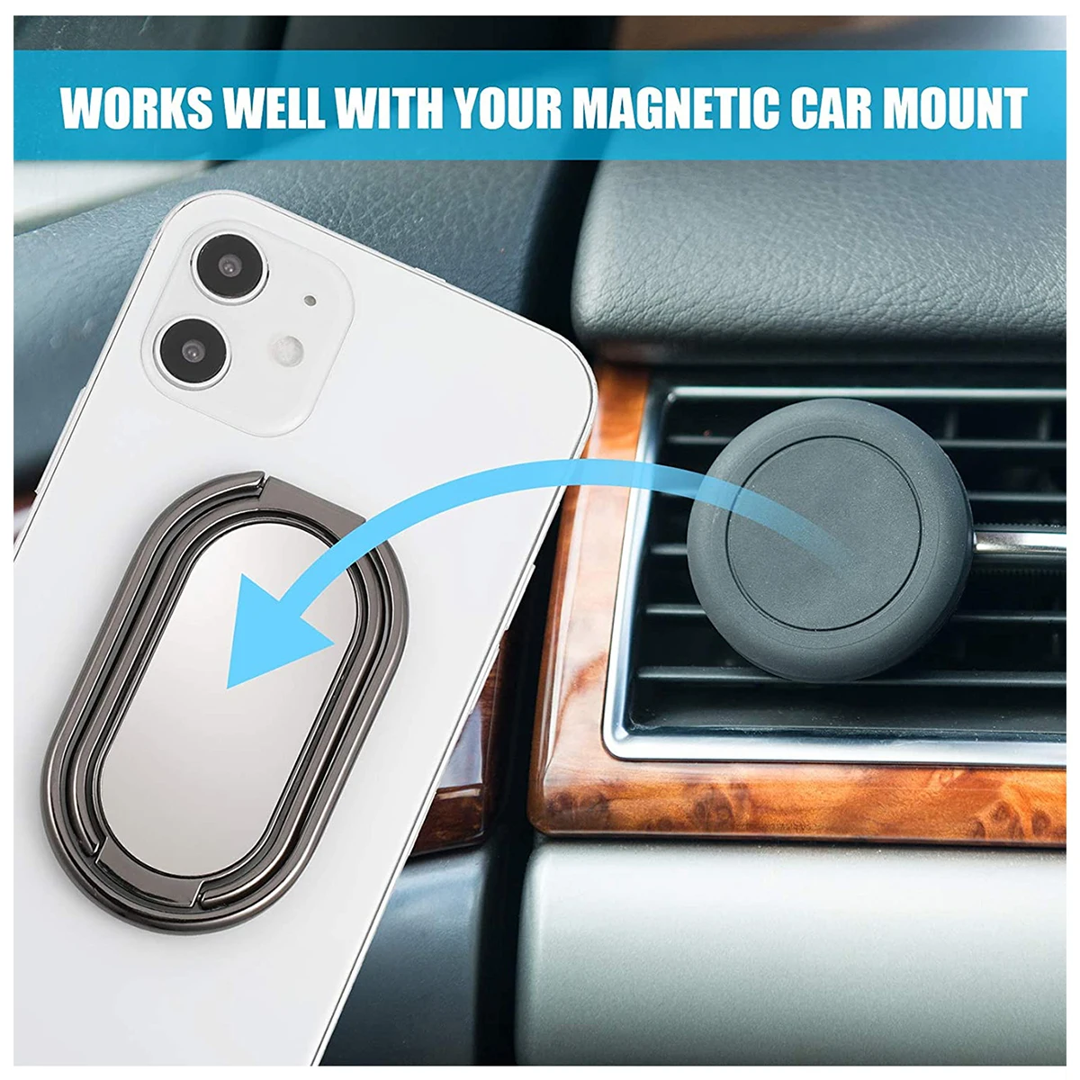 Mobiliojo telefono žiedo laikiklio stovas, 360 laipsnių sukimosi piršto žiedo stovas su poliruoto metalinio telefono rankena magnetiniam automobilio tvirtinimui Nuotrauka 3