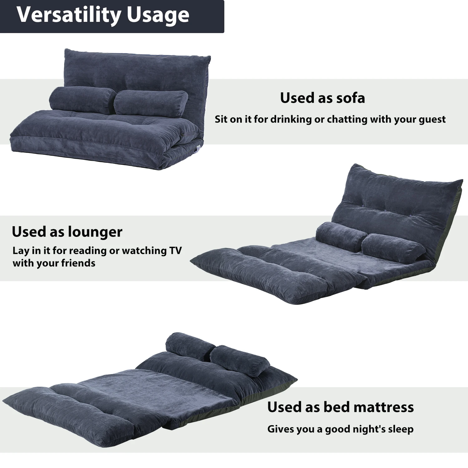Poliesterio audinys Tingi sofa-lova Reguliuojama sulankstoma Futon sofa Vaizdo žaidimų sofa Sofa su 2 pagalvėmis 4 spalvos[US-W] Nuotrauka 3