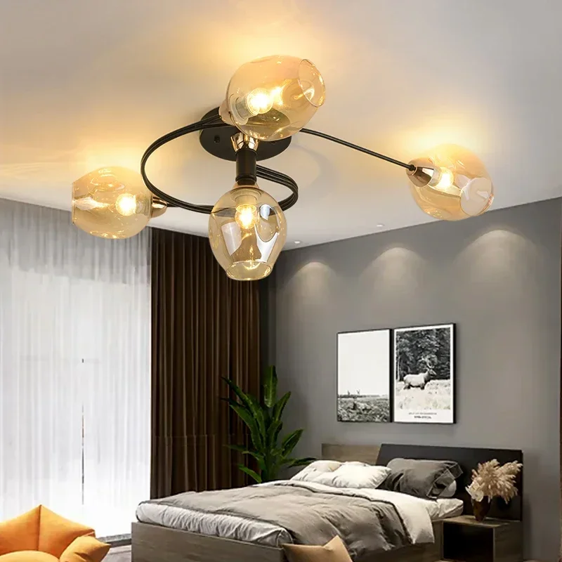 Šiaurės šalių minimalistinė moderni geležinė lempa svetainėje Modernus LED stiklo lubų šviestuvas Valgomasis ir studijų kambarys Miegamasis Nuotrauka 3