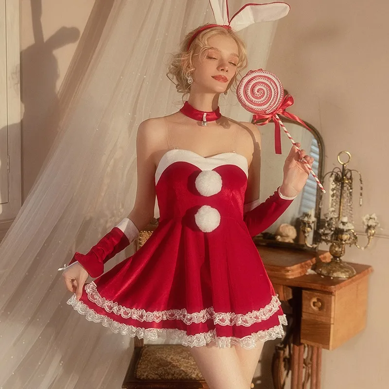 SXTHAENOO Moteris Seksuali Cosplay kalėdinė suknelė Kalėdų senelis 4 vnt. Kostiumas Desire tarnaitė Saldi uniforma Raudona Skaidrus diržas Minidresas Nuotrauka 1