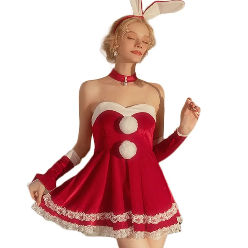 SXTHAENOO Moteris Seksuali Cosplay kalėdinė suknelė Kalėdų senelis 4 vnt. Kostiumas Desire tarnaitė Saldi uniforma Raudona Skaidrus diržas Minidresas Nuotrauka 4
