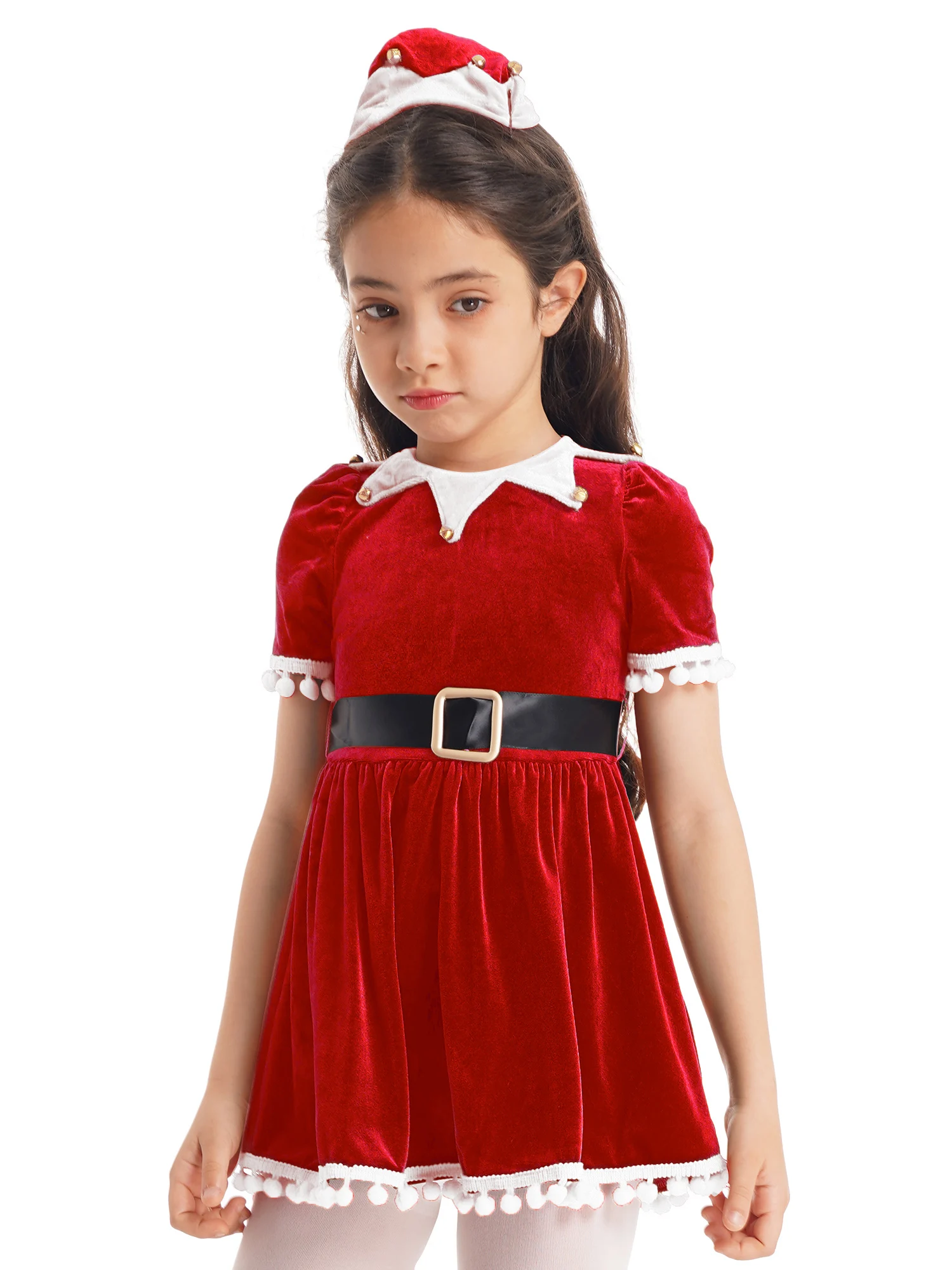 Kids Girls Christmas Elf Cosplay kostiumas Kalėdų senelio suknelė Rauptomis rankovėmis Kutas Tutu suknelė Kepurė Kalėdų šventė Princesės suknelė Nuotrauka 1