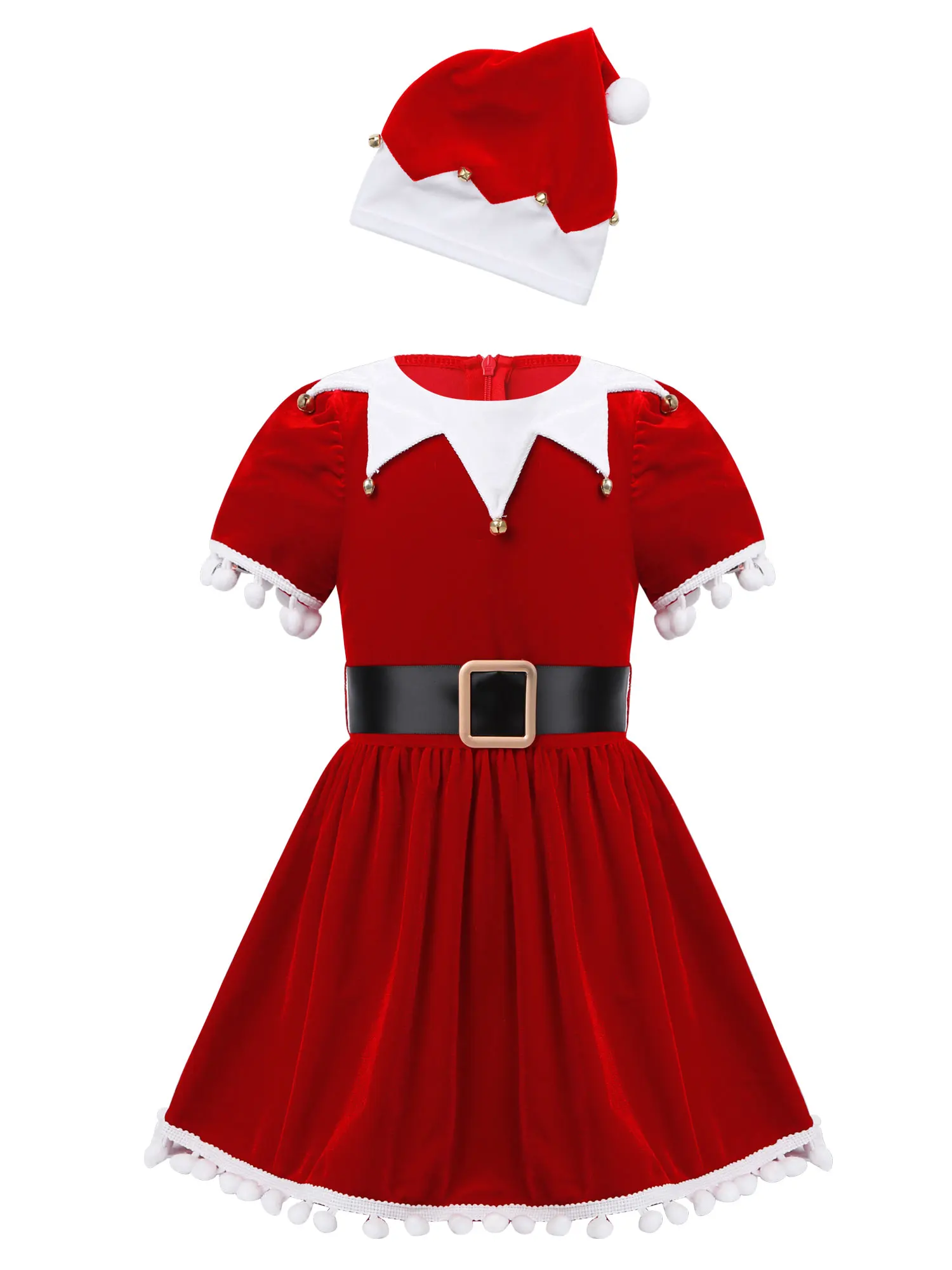 Kids Girls Christmas Elf Cosplay kostiumas Kalėdų senelio suknelė Rauptomis rankovėmis Kutas Tutu suknelė Kepurė Kalėdų šventė Princesės suknelė Nuotrauka 4