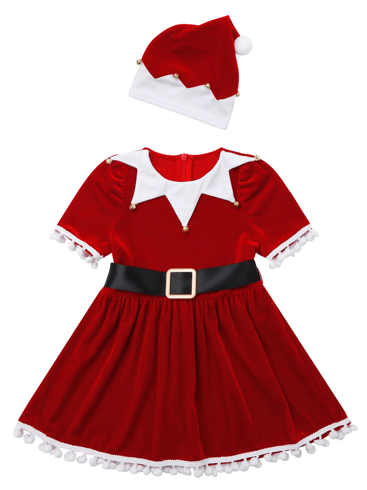 Kids Girls Christmas Elf Cosplay kostiumas Kalėdų senelio suknelė Rauptomis rankovėmis Kutas Tutu suknelė Kepurė Kalėdų šventė Princesės suknelė Nuotrauka 5