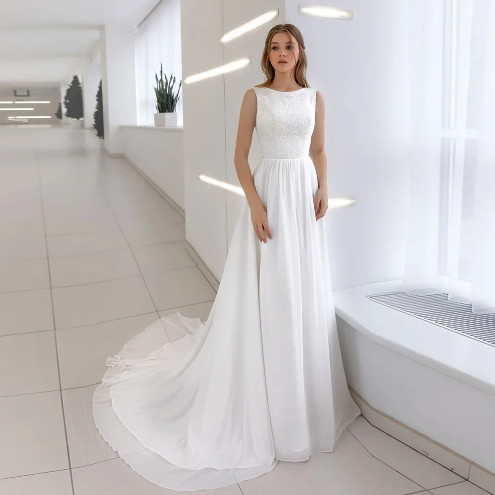 2022 Elegantiškos vestuvinės suknelės be rankovių Vestidos De Novia nėrinių šifonas Boho nuotakos chalatas De Mariee Nuotrauka 0