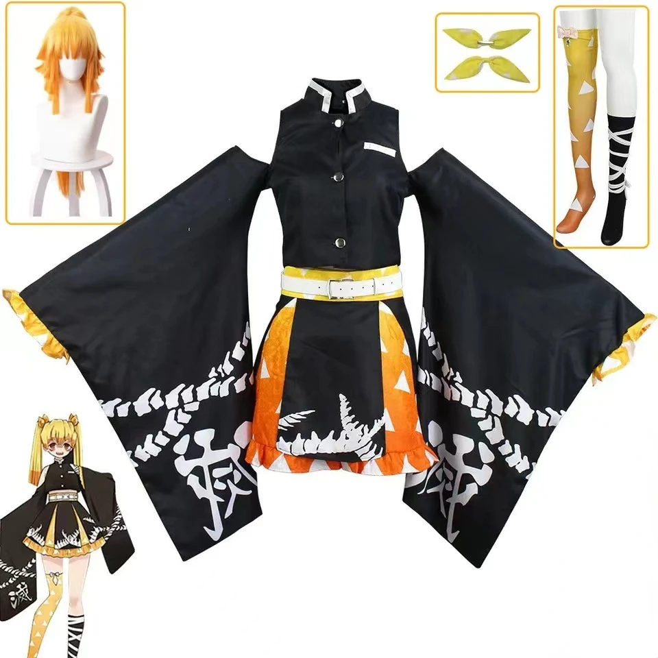 Anime Demon Slayer Zenitsu Moteriški Cosplay kostiumai Suknelė Kimetsu No Yaiba Zenko Helovino kostiumai moterims Vestido uniforminis perukas Nuotrauka 0