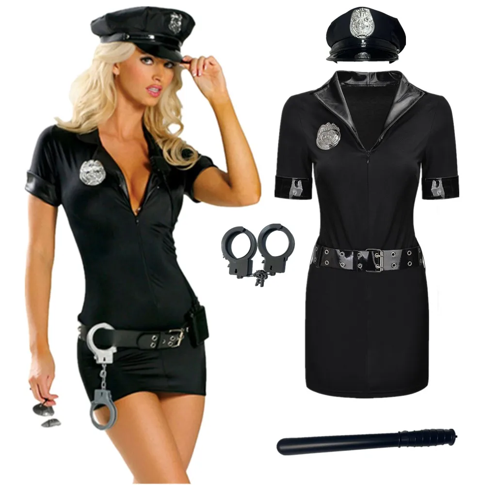 S-XXXL Seksualus juodas policijos uniformos kostiumas suaugusioms moterims Helovino policininkai policininkai Cosplay suknelė Nuotrauka 0
