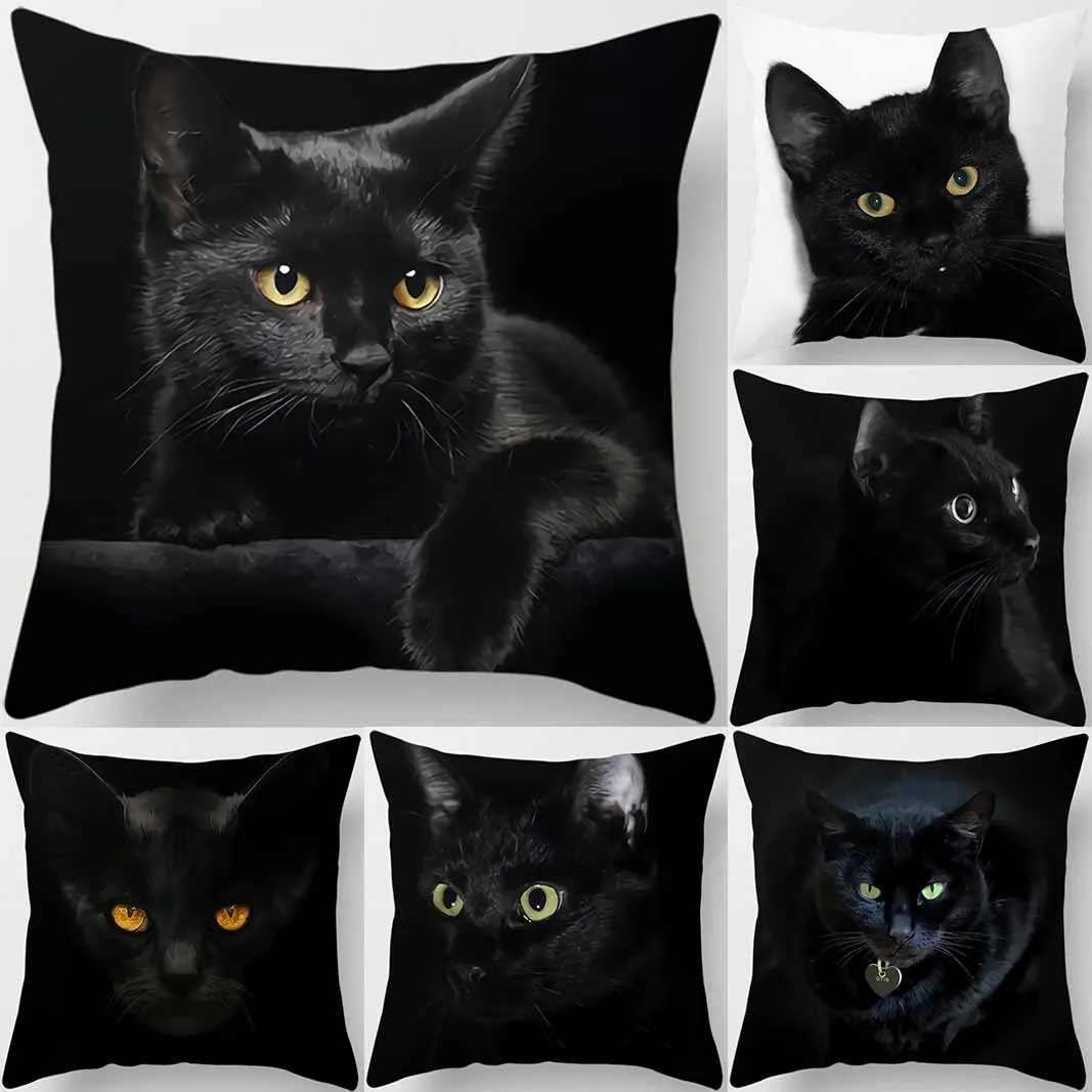 45x45cm Juoda katė Spausdinimo raštas Poliesterio pagalvėlės užvalkalas Pagrindinis Svetainė Sofos dekoras Kvadratinis Mesti pagalvę  Nuotrauka 0