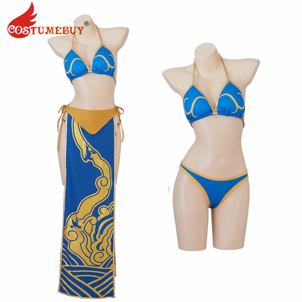 Chun-Li Cosplay kostiumų kovotojas Chun Li Bikini maudymosi kostiumėlis Seksualūs mėlyni maudymosi kostiumėliai Moterų mergaičių Chun Li apranga Nuotrauka 0