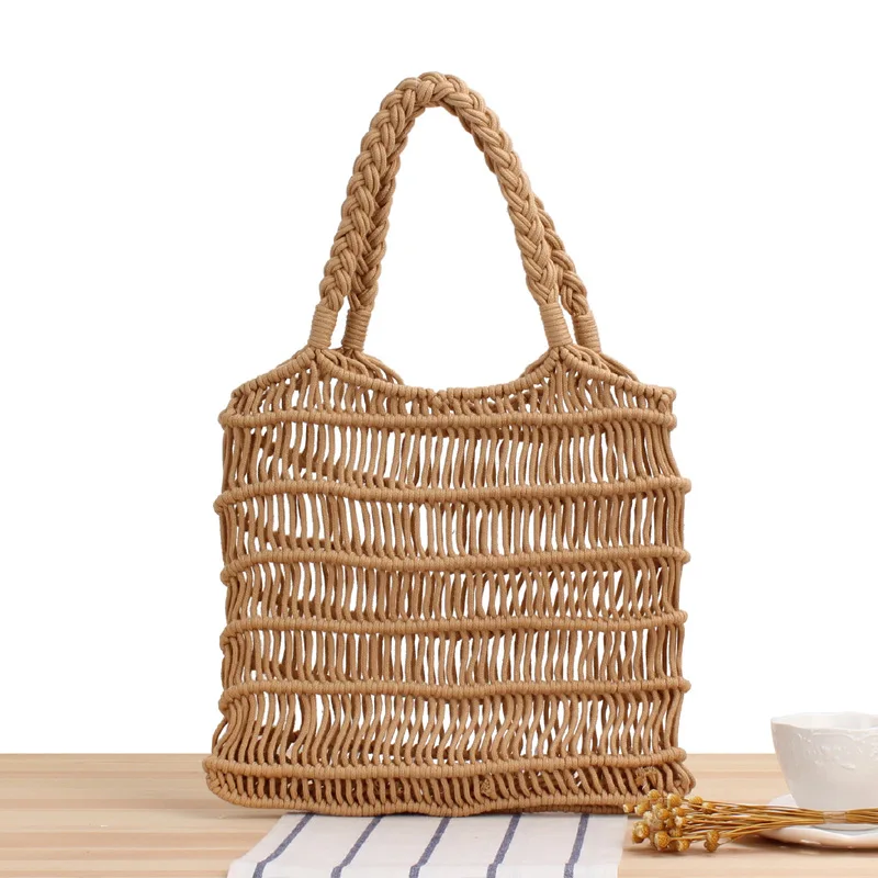 Naujas vieno peties nešiojamas medvilninis virvės tinklinis krepšys rankomis austi krepšiai Moteriškos vacetijos dovanų šiaudų paplūdimio krepšys Nuotrauka 1