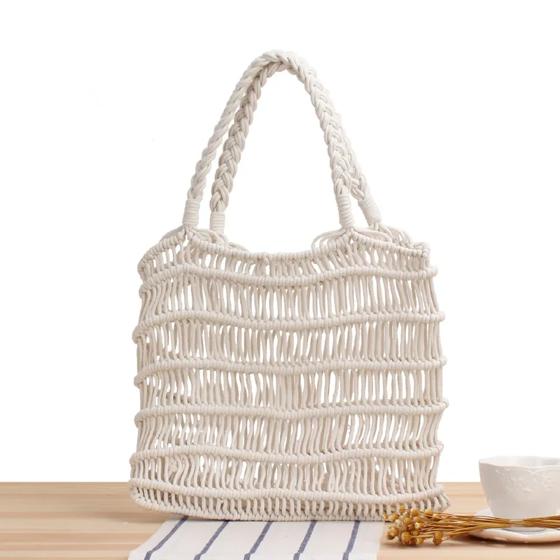 Naujas vieno peties nešiojamas medvilninis virvės tinklinis krepšys rankomis austi krepšiai Moteriškos vacetijos dovanų šiaudų paplūdimio krepšys Nuotrauka 2