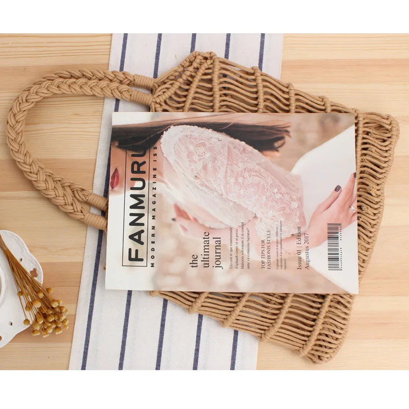 Naujas vieno peties nešiojamas medvilninis virvės tinklinis krepšys rankomis austi krepšiai Moteriškos vacetijos dovanų šiaudų paplūdimio krepšys Nuotrauka 5