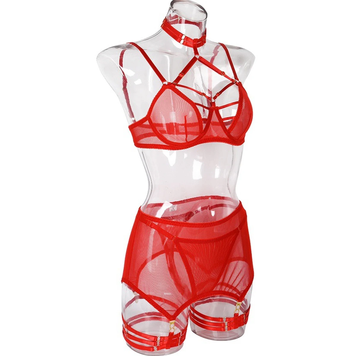Spicy Girl's 3-Piece Halter Mesh Lingerie Set Sexy Garter Brief Kit Eco-Friendly Packing Nuotrauka 5