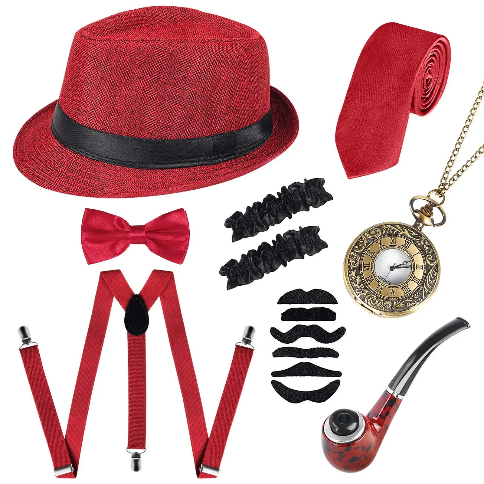 1920s Mens Gatsby gangsterių aksesuarai Helovino vakarėlis Persirengimo skrybėlių rutulio vakarėlis, įskaitant skrybėlių pypkės kišeninio laikrodžio dirželio kaklaraiščio rinkinį Nuotrauka 1
