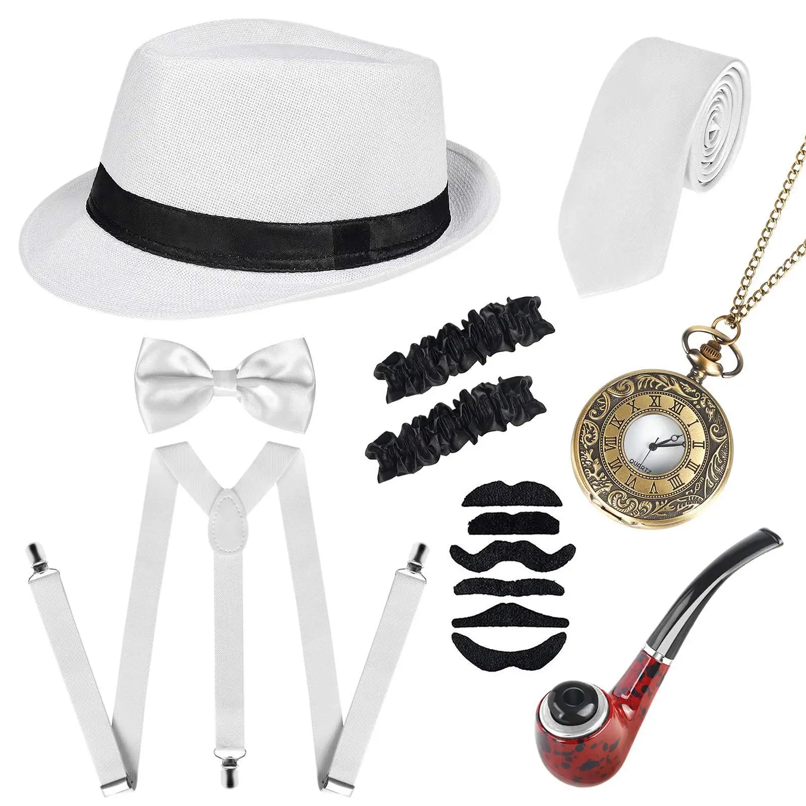 1920s Mens Gatsby gangsterių aksesuarai Helovino vakarėlis Persirengimo skrybėlių rutulio vakarėlis, įskaitant skrybėlių pypkės kišeninio laikrodžio dirželio kaklaraiščio rinkinį Nuotrauka 2