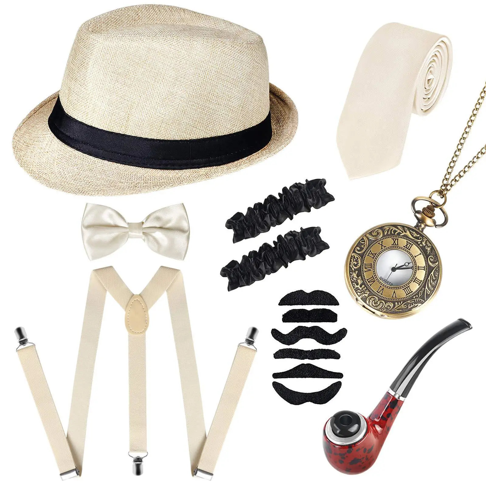1920s Mens Gatsby gangsterių aksesuarai Helovino vakarėlis Persirengimo skrybėlių rutulio vakarėlis, įskaitant skrybėlių pypkės kišeninio laikrodžio dirželio kaklaraiščio rinkinį Nuotrauka 3