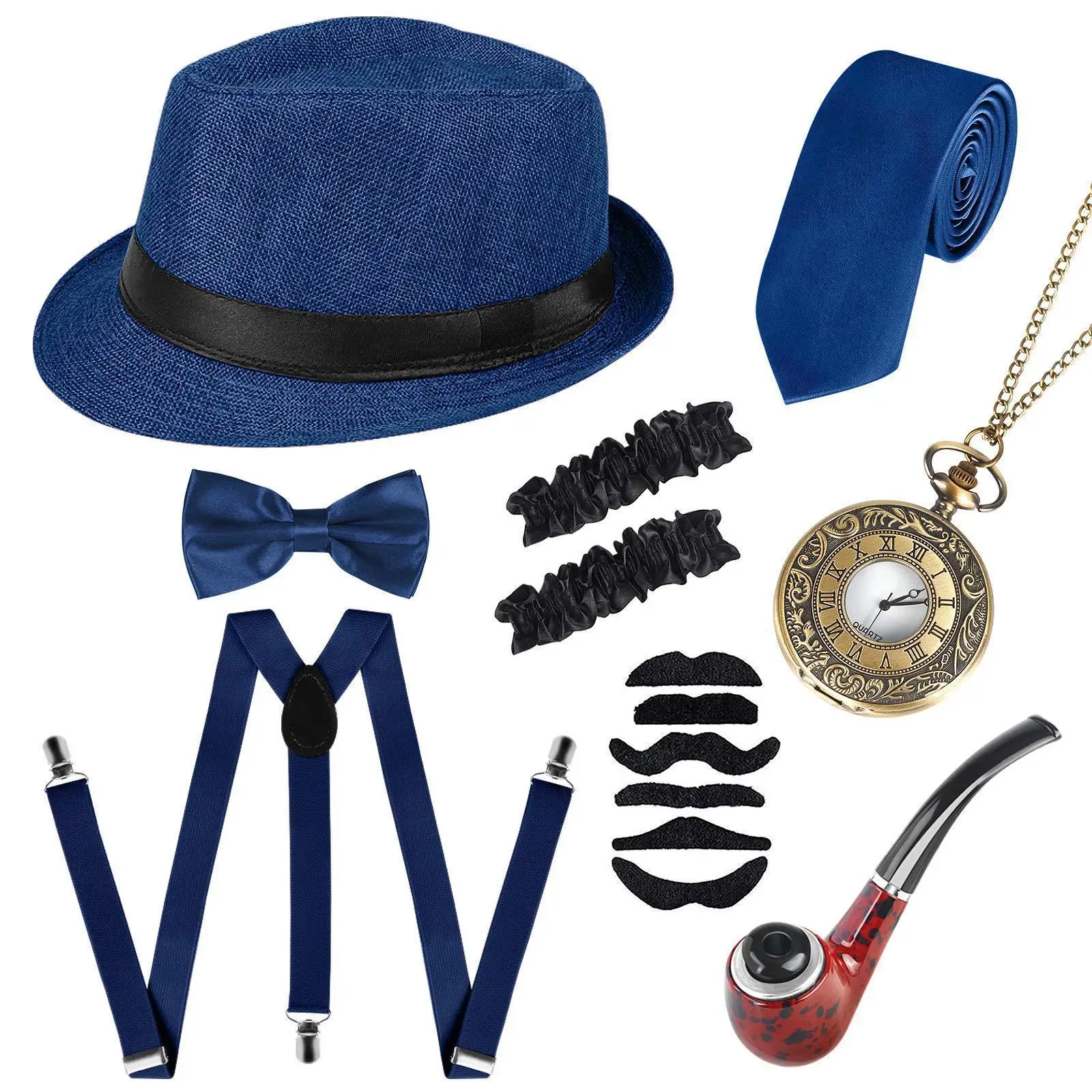 1920s Mens Gatsby gangsterių aksesuarai Helovino vakarėlis Persirengimo skrybėlių rutulio vakarėlis, įskaitant skrybėlių pypkės kišeninio laikrodžio dirželio kaklaraiščio rinkinį Nuotrauka 4