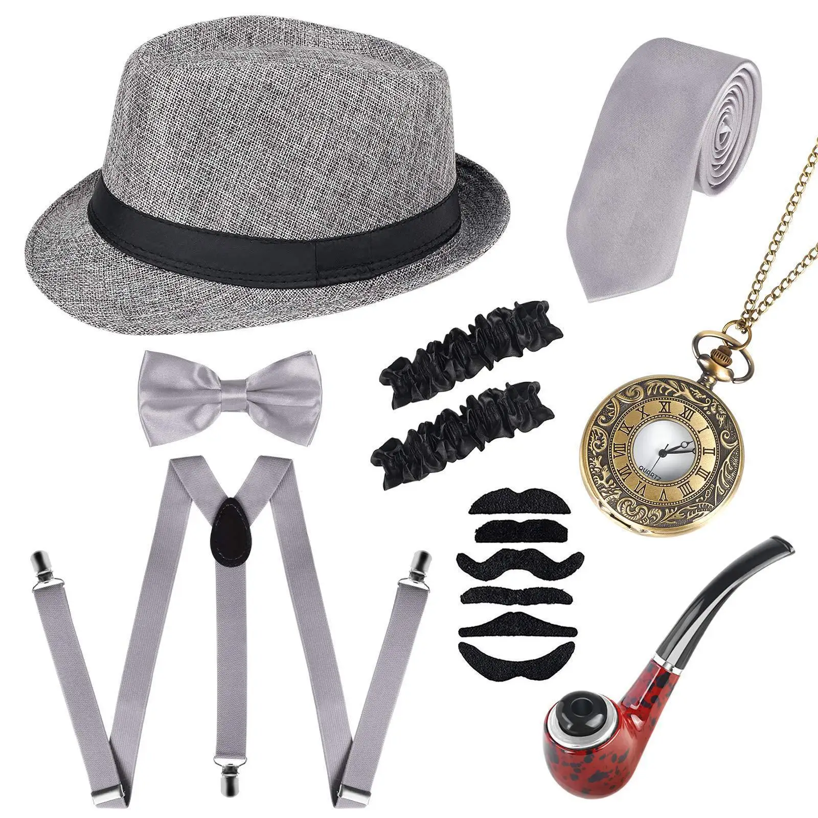 1920s Mens Gatsby gangsterių aksesuarai Helovino vakarėlis Persirengimo skrybėlių rutulio vakarėlis, įskaitant skrybėlių pypkės kišeninio laikrodžio dirželio kaklaraiščio rinkinį Nuotrauka 5