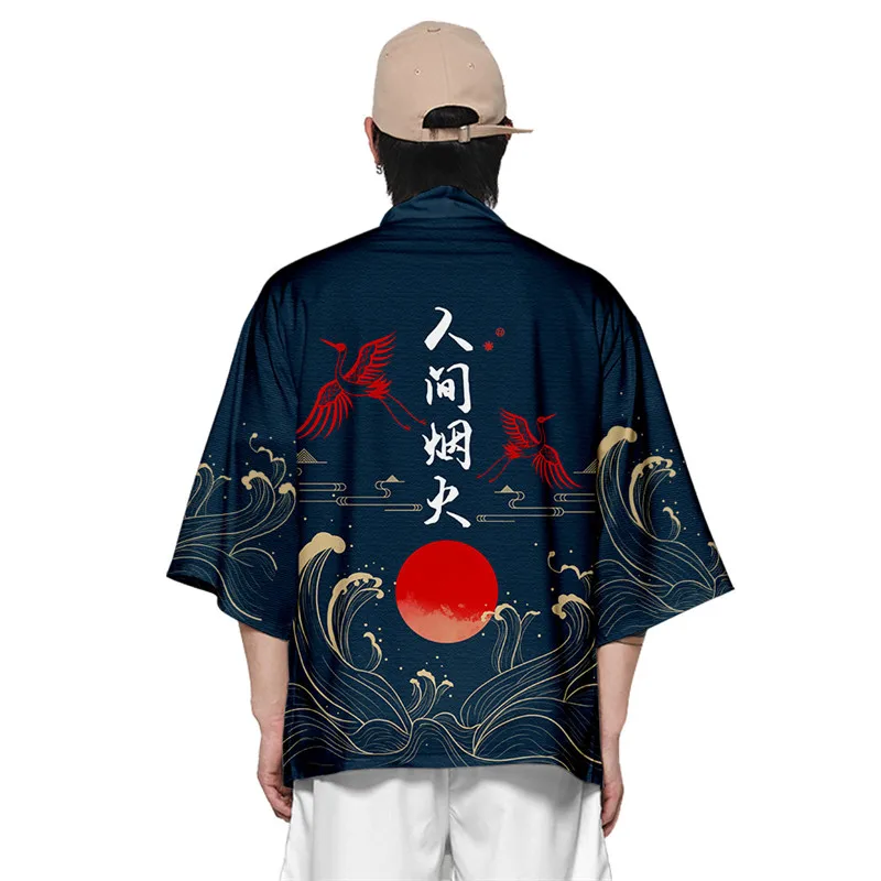 Dviejų dalių kostiumas Oversize S-6XL Laisvas japoniškas megztinis Moterys Vyrai Cosplay Yukata drabužiai Harajuku Samurajus Kimono + Kelnių komplektai Nuotrauka 2