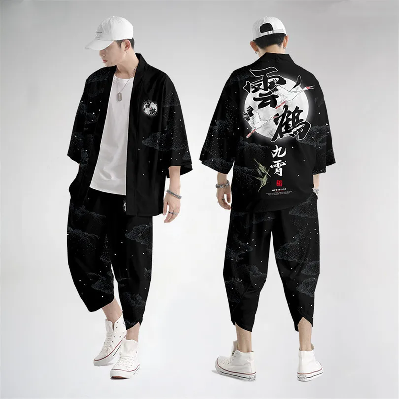 Dviejų dalių kostiumas Oversize S-6XL Laisvas japoniškas megztinis Moterys Vyrai Cosplay Yukata drabužiai Harajuku Samurajus Kimono + Kelnių komplektai Nuotrauka 3