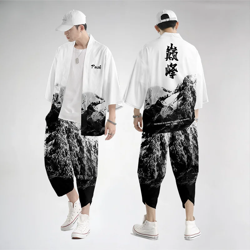 Dviejų dalių kostiumas Oversize S-6XL Laisvas japoniškas megztinis Moterys Vyrai Cosplay Yukata drabužiai Harajuku Samurajus Kimono + Kelnių komplektai Nuotrauka 4
