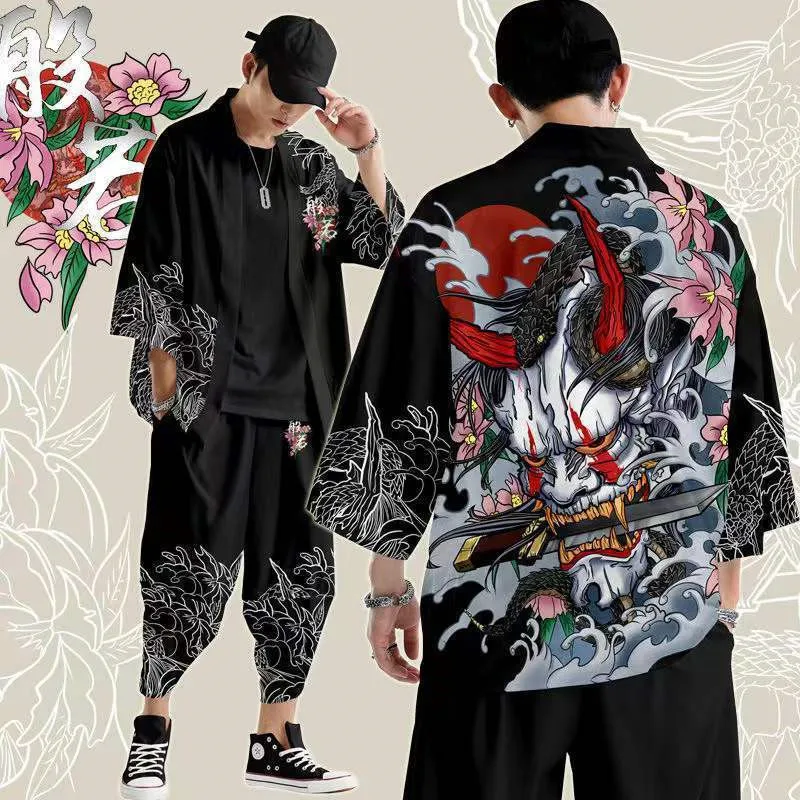 Dviejų dalių kostiumas Oversize S-6XL Laisvas japoniškas megztinis Moterys Vyrai Cosplay Yukata drabužiai Harajuku Samurajus Kimono + Kelnių komplektai Nuotrauka 5