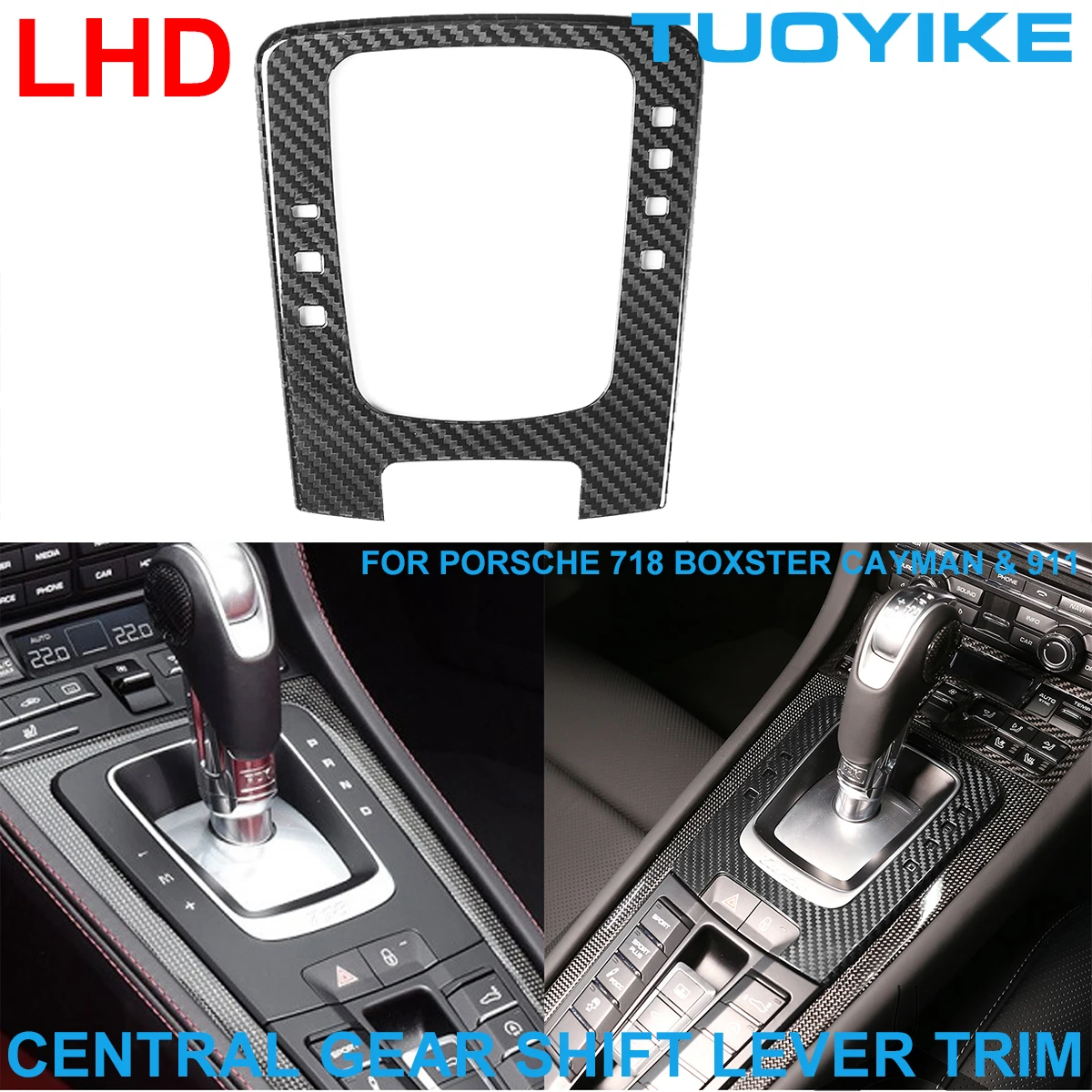 LHD Real Dry Carbon Fiber Central Gear Switch Lever Frame Panel Cover Trim Lipdukas skirtas Porsche 911 718 Cayman Boxster 2016-2019 Nuotrauka 0