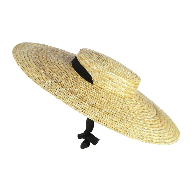 Moterys Raffia Wide Brim Boater Hat 12/15/18cm Brim Straw Hat Flat Women Summer With White Black Ribbon Tie Sun Hat Beach Cap Nuotrauka 0